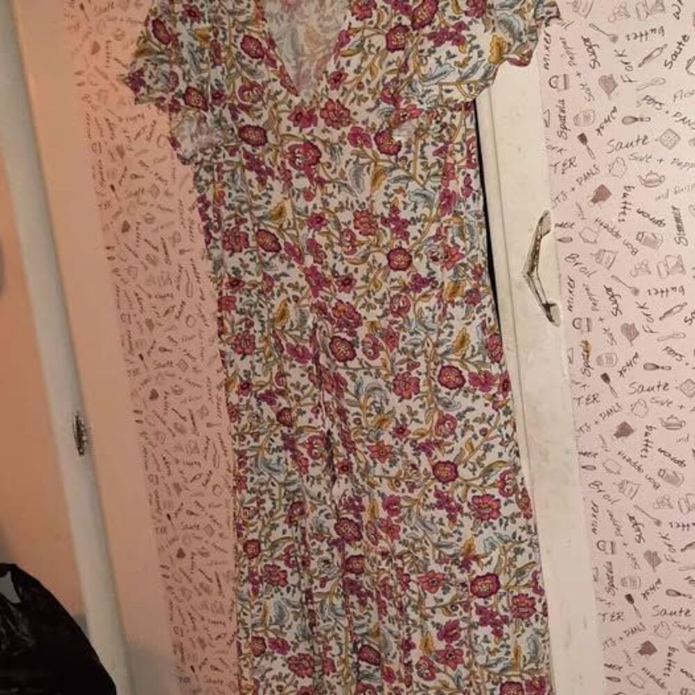 Boho Look Floral Contrast Border V Neck Midi Dress Size S - Picture 4 of 5